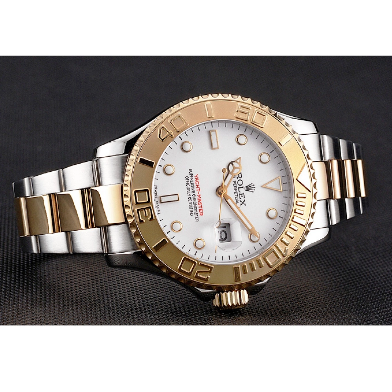 Best AAA Replica Sites Rolex Bracelet Stainless Yacht-Master Steel Two Case Gold Tone White Dial Bezel 0823